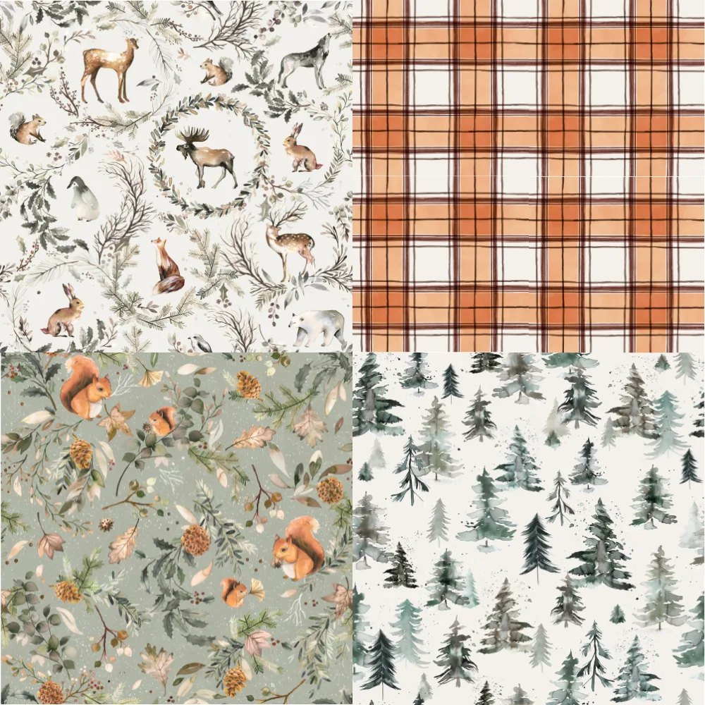 A grid of 4 winter woodland designs from ninola-design
