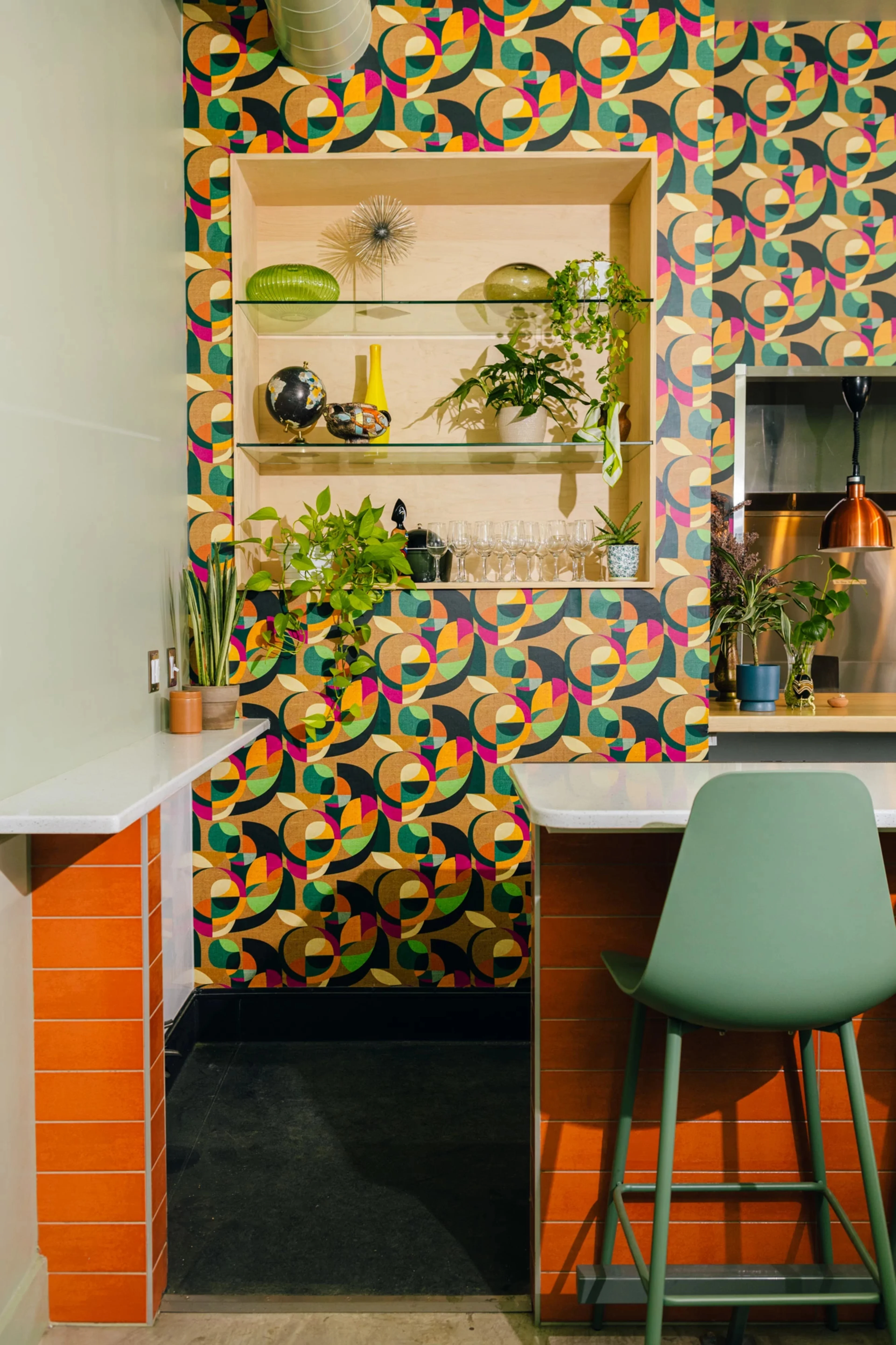 Abstract geometric wallpaper in a restaurant