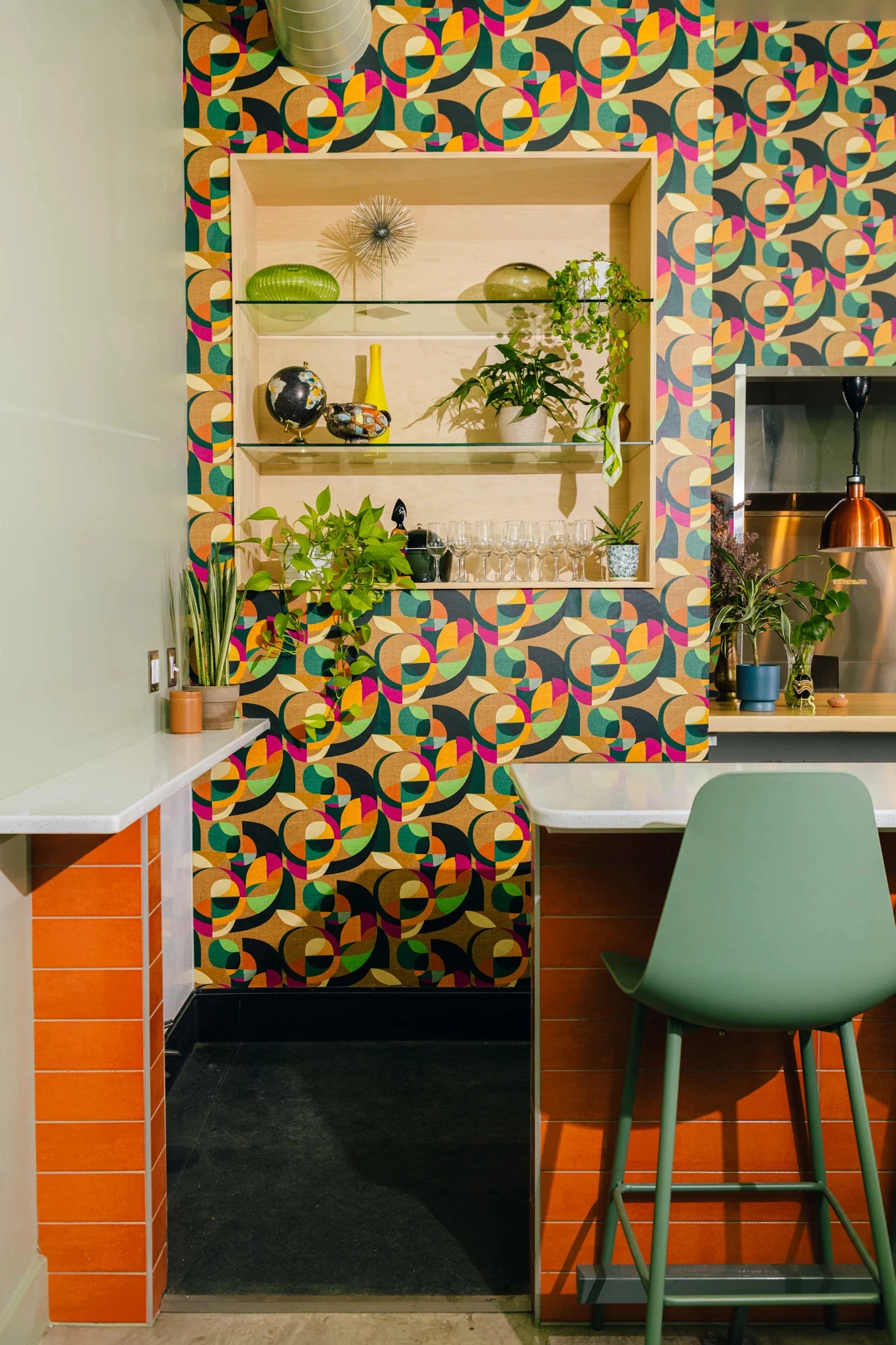 Abstract geometric wallpaper in a restaurant