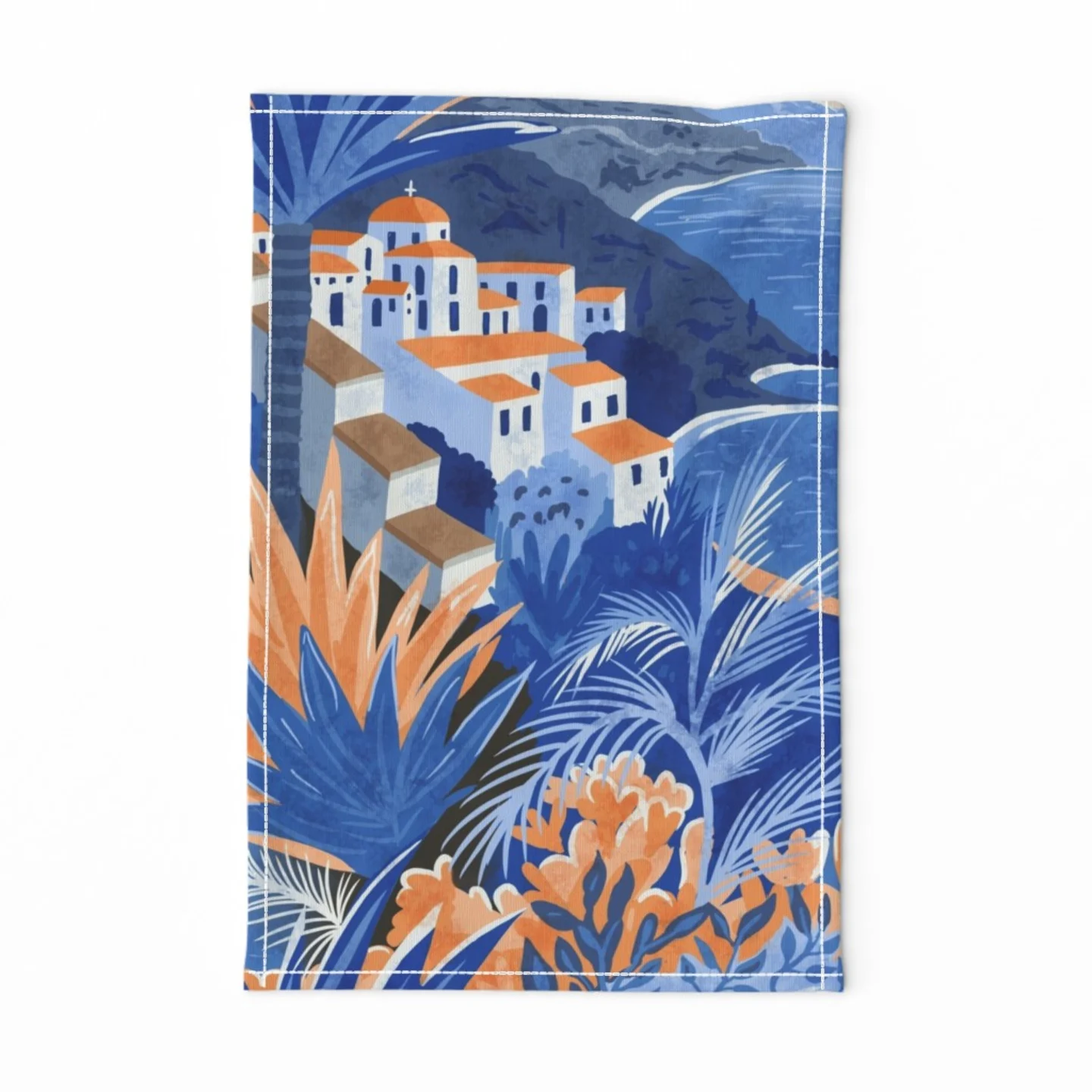 A tea towel with a mediterranean design