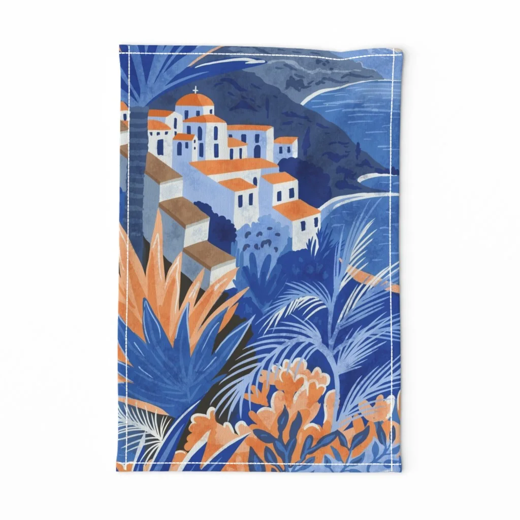 A tea towel with a mediterranean design
