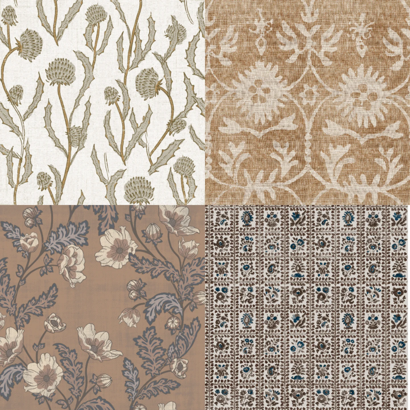 A grid of 4 farmhouse designs from a selection of Spoonflower artists