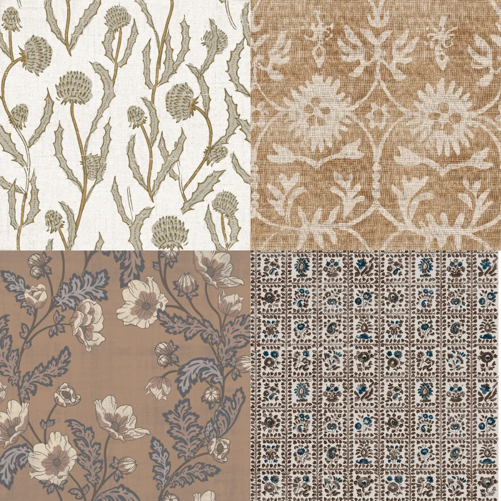 A grid of 4 farmhouse designs from a selection of Spoonflower artists