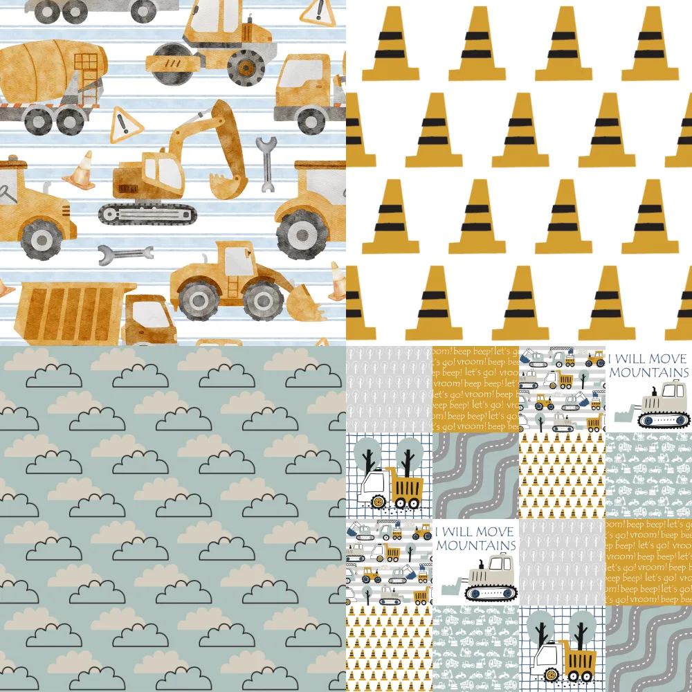 A grid of 4 baby designs with a construction theme by twoduckssewingco