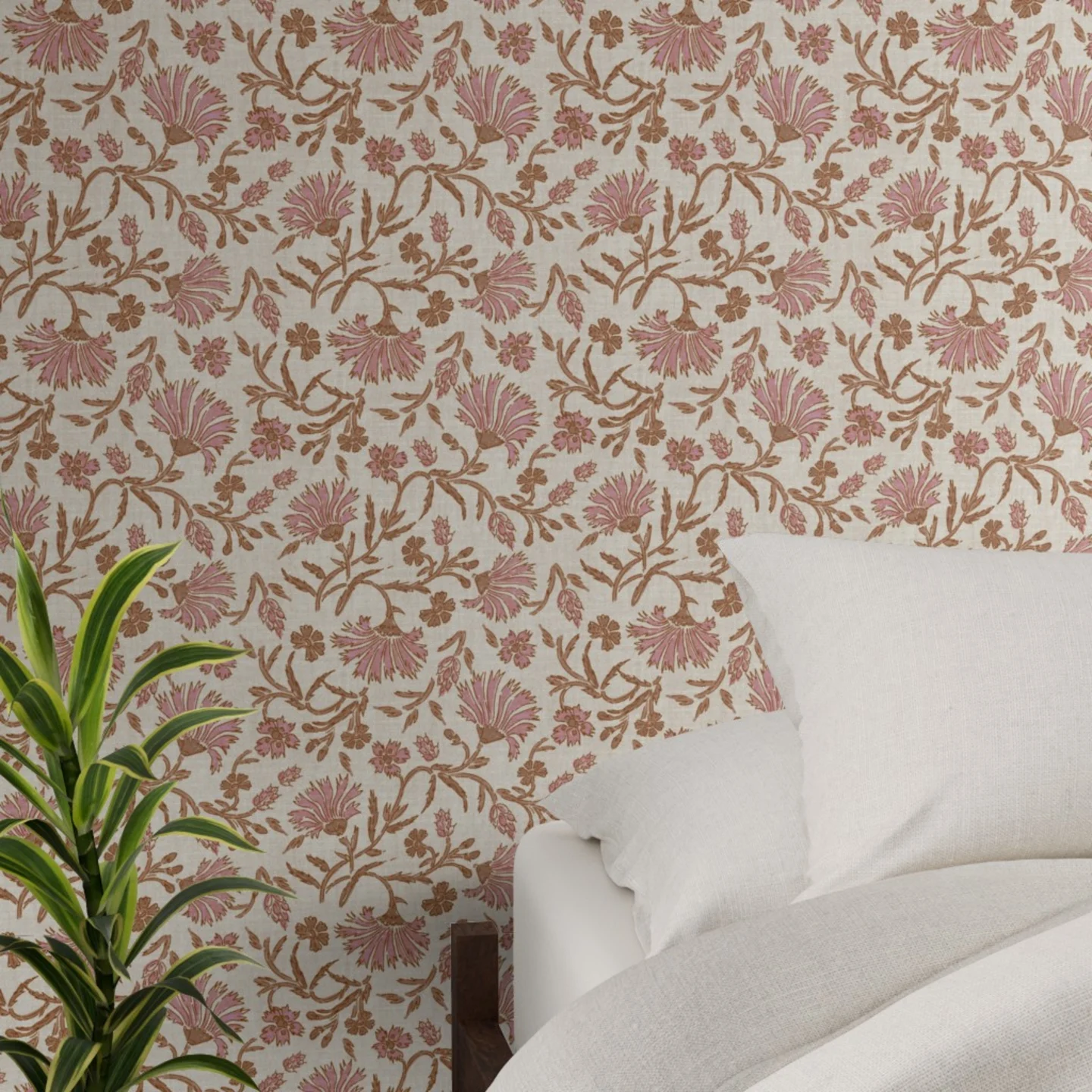 Bedroom with wallpaper in KALAMI FLORAL MAUVE by holli_zollinger.