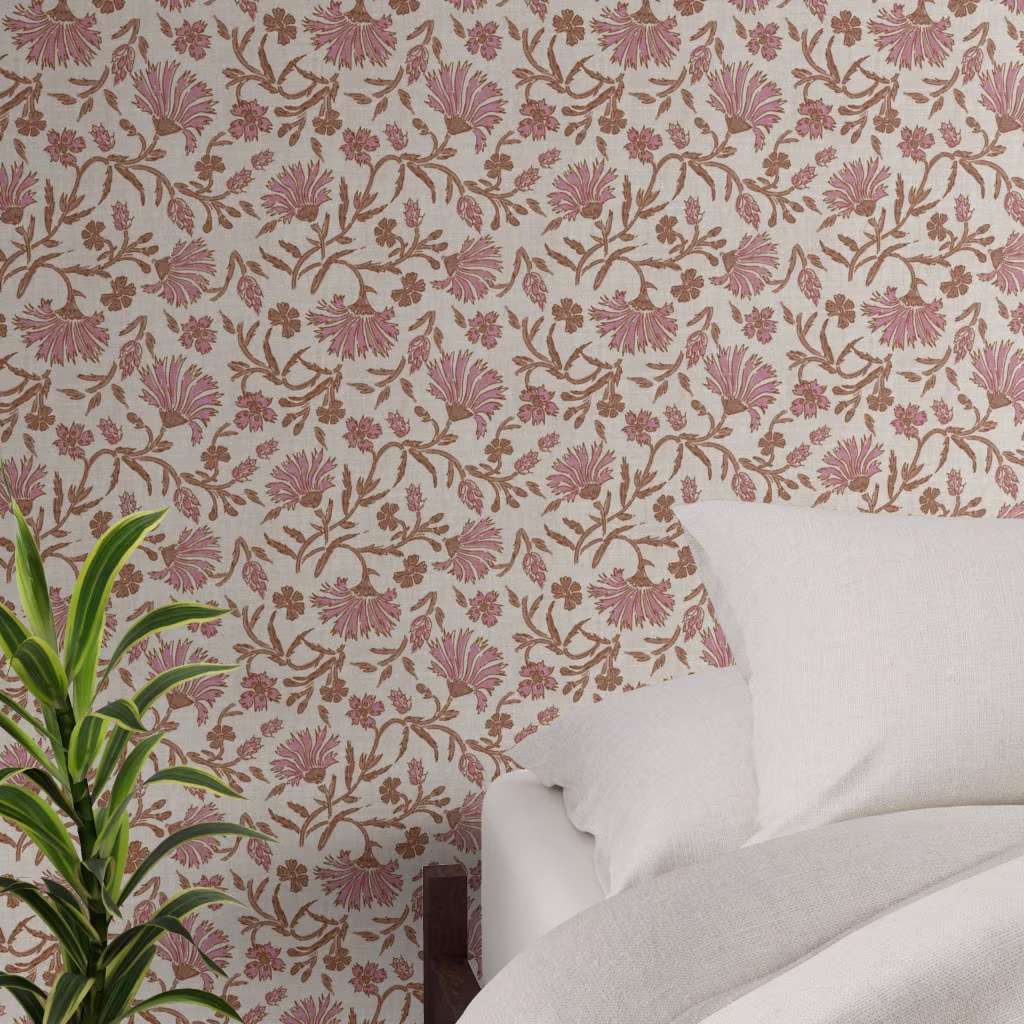 Bedroom with wallpaper in KALAMI FLORAL MAUVE by holli_zollinger.