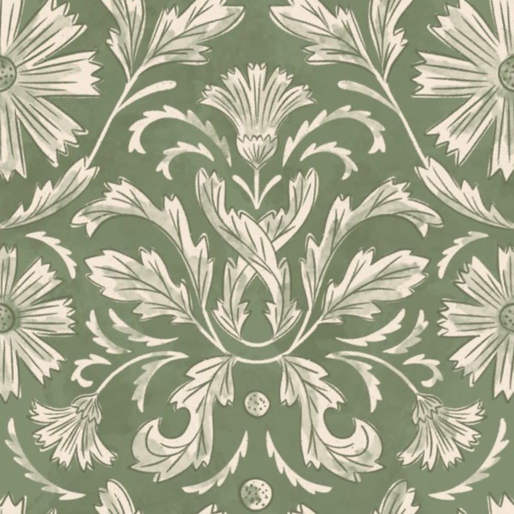 French Country Florals and Leaves in Moss Green and off white Wallpaper by jen_owens
