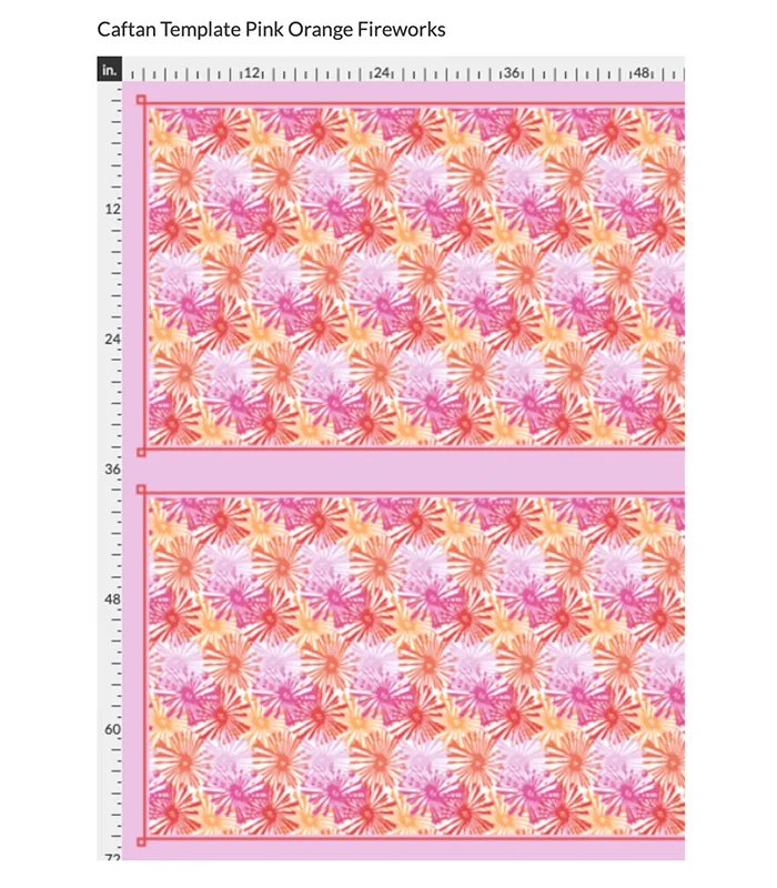 Screenshot of the caftan template fabric made with Danika Herrick's Pink Orange Fireworks design, which features hot pink, light pink and orange fireworks on a white background.