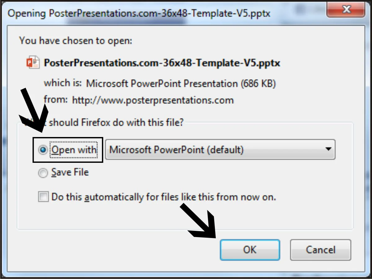 A box that says You have chosen to open PosterPresentations.com-36x48-Template-V5.pptx with Microsoft PowerPoint. 