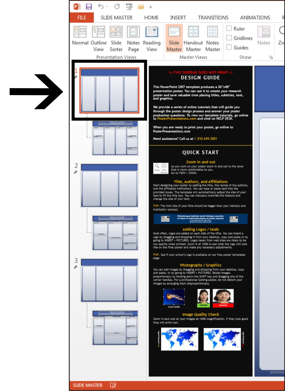 Ensuing the #1 slide is selected to change default colors and column size/layout in the Slide Master view. 