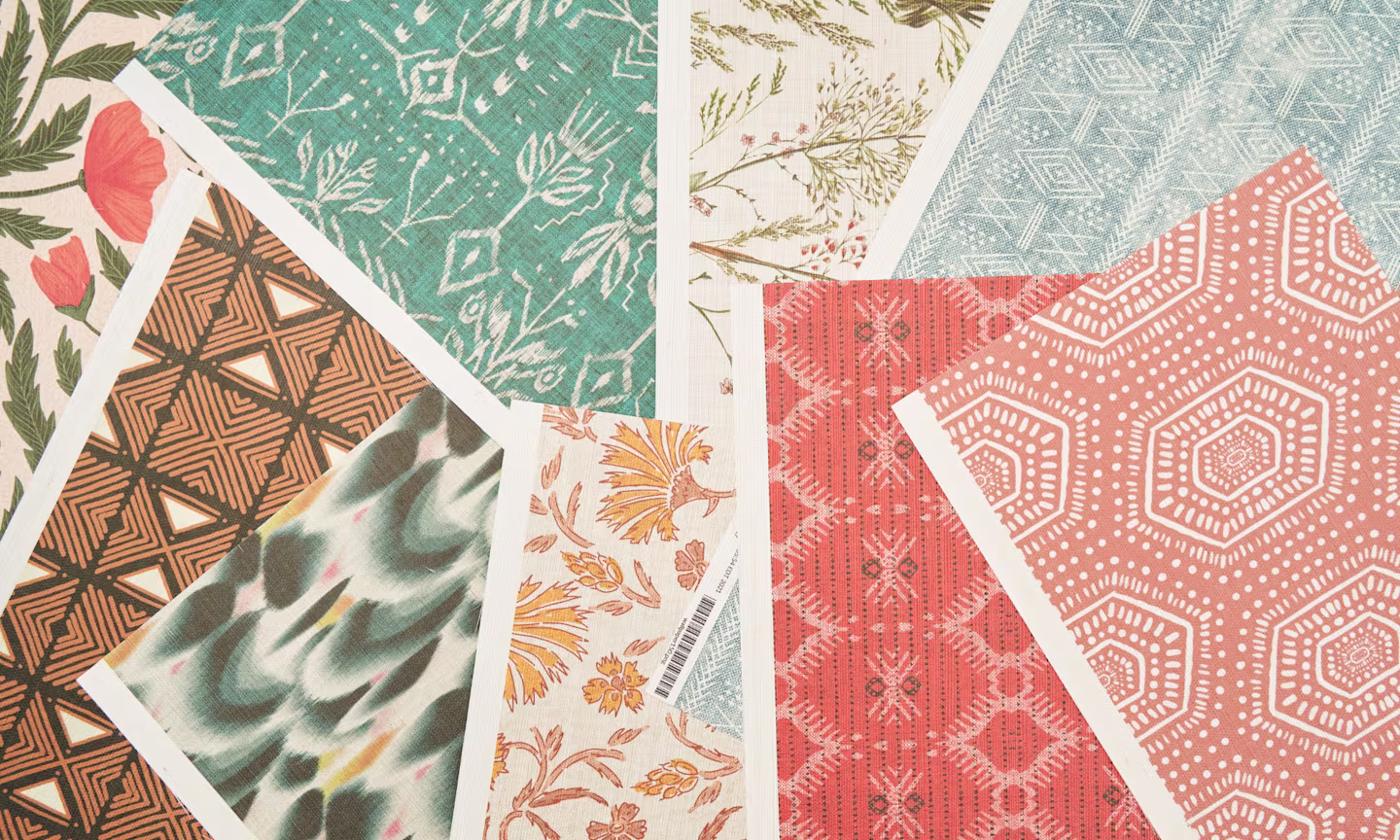 Assorted designs on grasscloth wallpaper