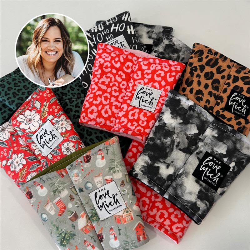 Headshot of Michelle Provencher on top of a photo of coffee cups fabric sleeves.