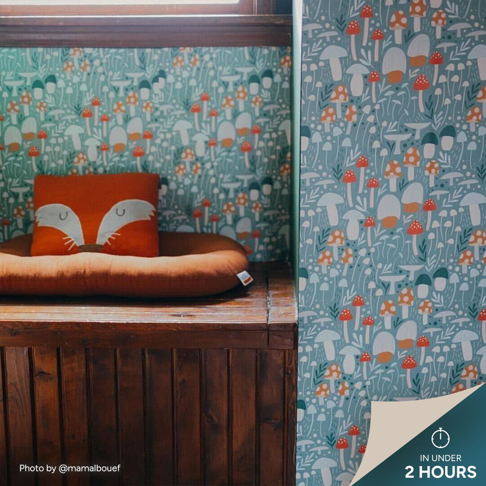 Kids area with blue mushroom wallpaper.