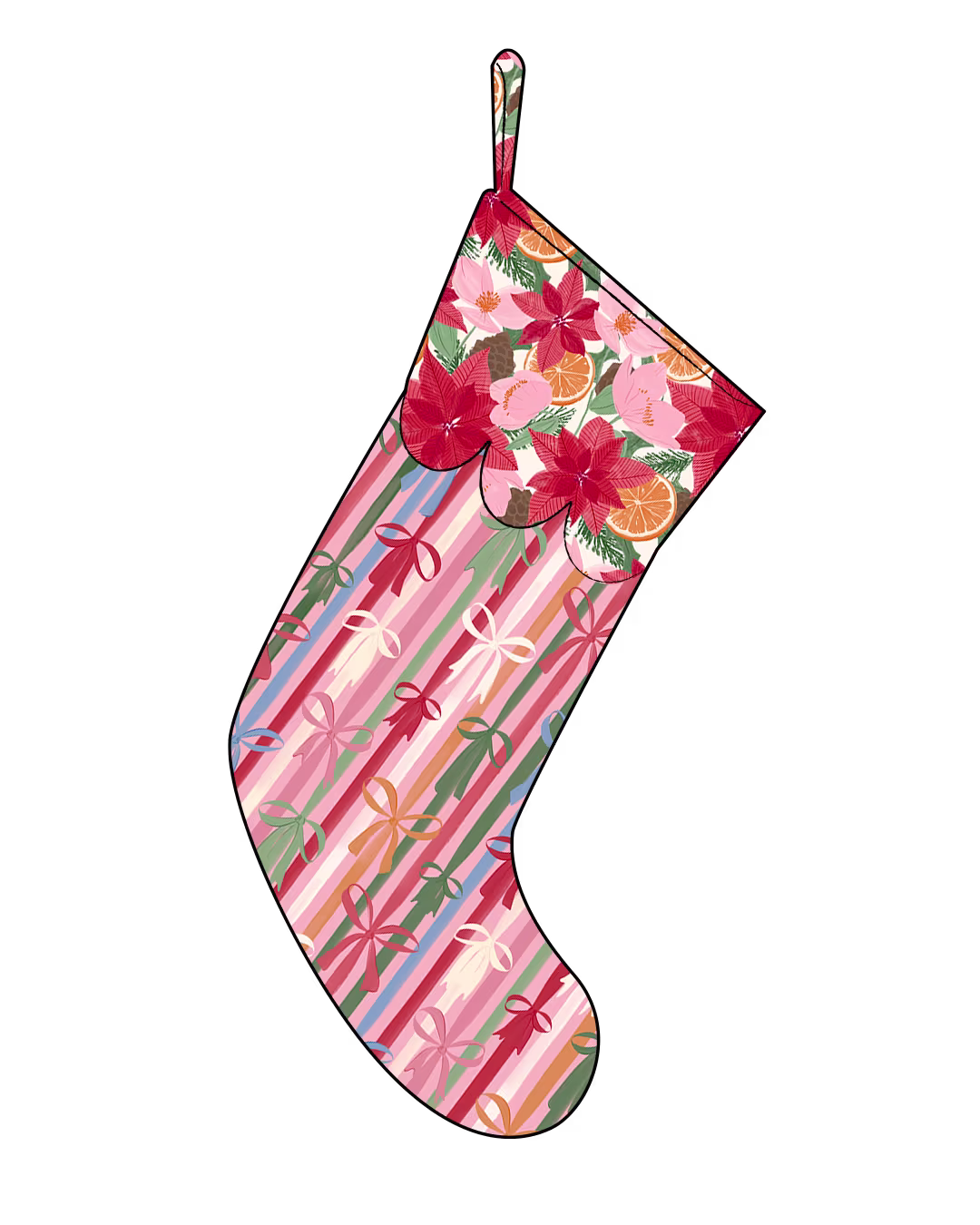 Mock up of Rooney Sewing Patterns Christmas Stocking Sewing Guide in Spoonflower fabric