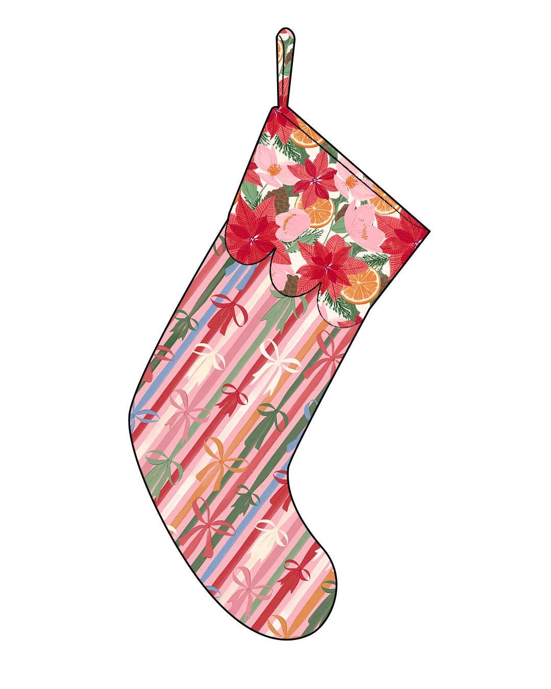 Mock up of Rooney Sewing Patterns Christmas Stocking Sewing Guide in Spoonflower fabric