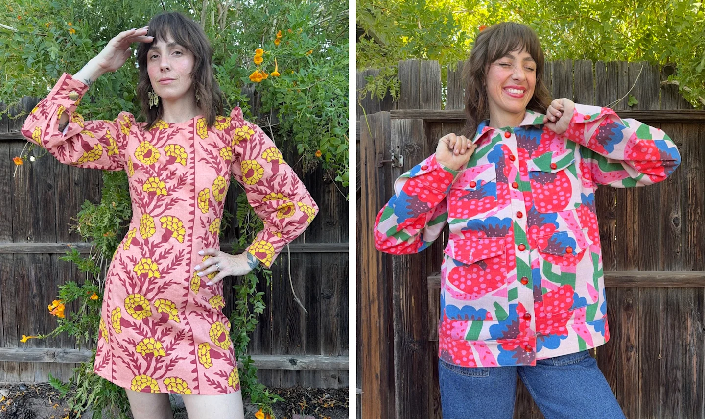 there are two images side by side. The first images shows a woman in a pink long sleeve minidress. The second photo shows the same woman posing in a colorful denim jacket.