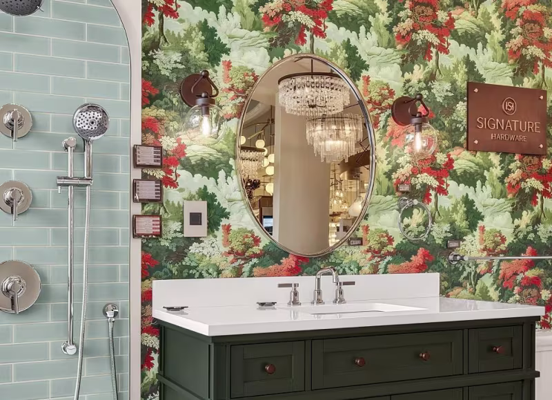 Spoonflower woodland wallpaper in a Ferguson store within the Signature Hardware line