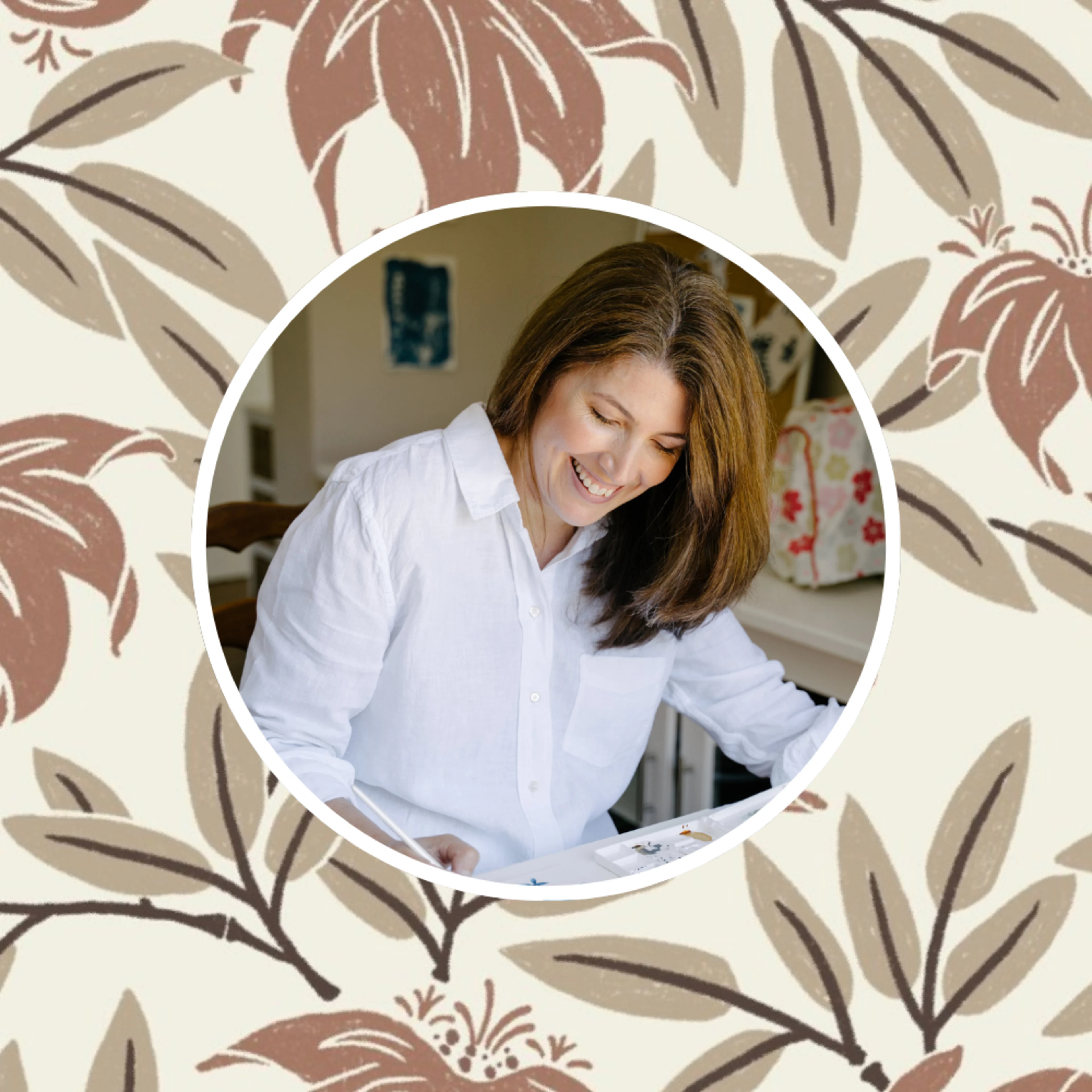 Headshot of Melly Willams with one of her designs in the background.