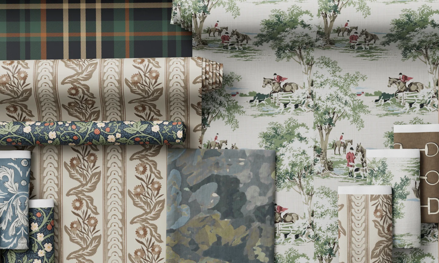 Traditional style wallpaper and fabrics styled together.