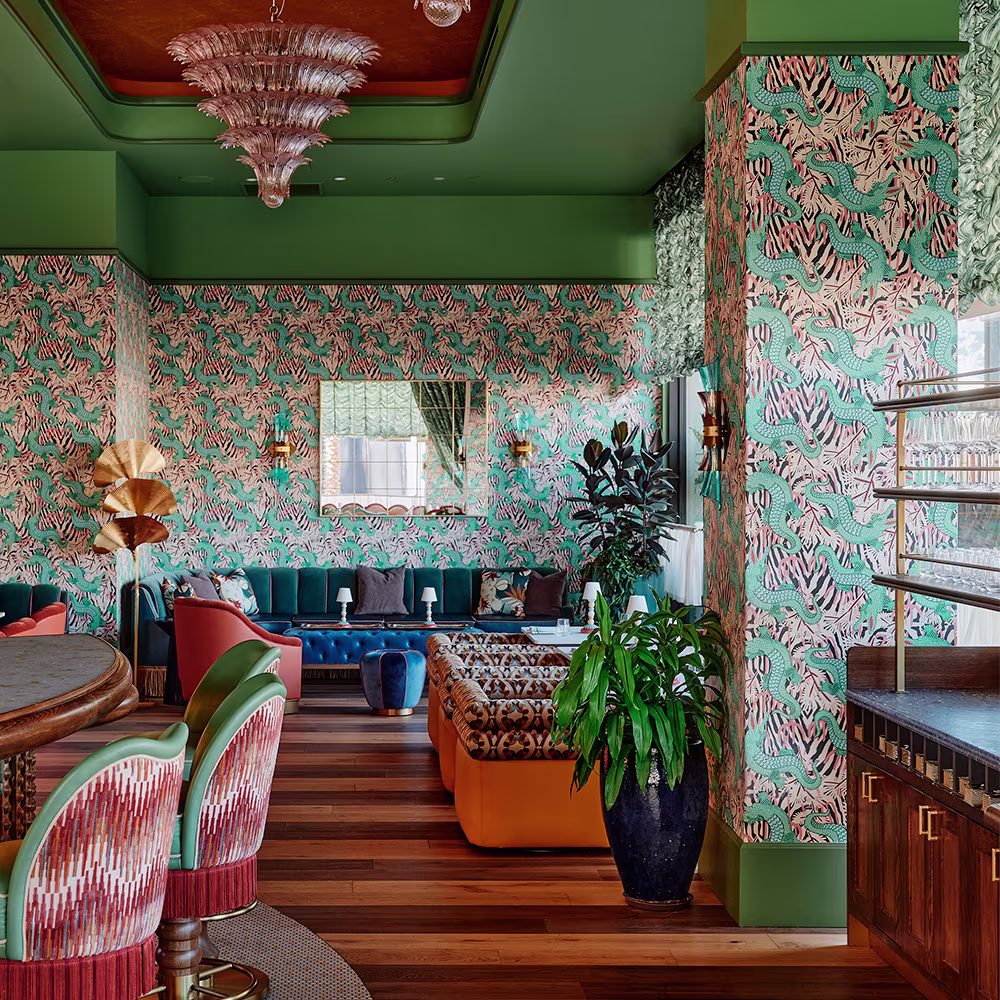 Hotel bar with gator wallpaper.