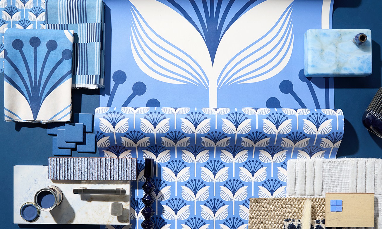 Blue wallpapers and fabrics on a blue background.