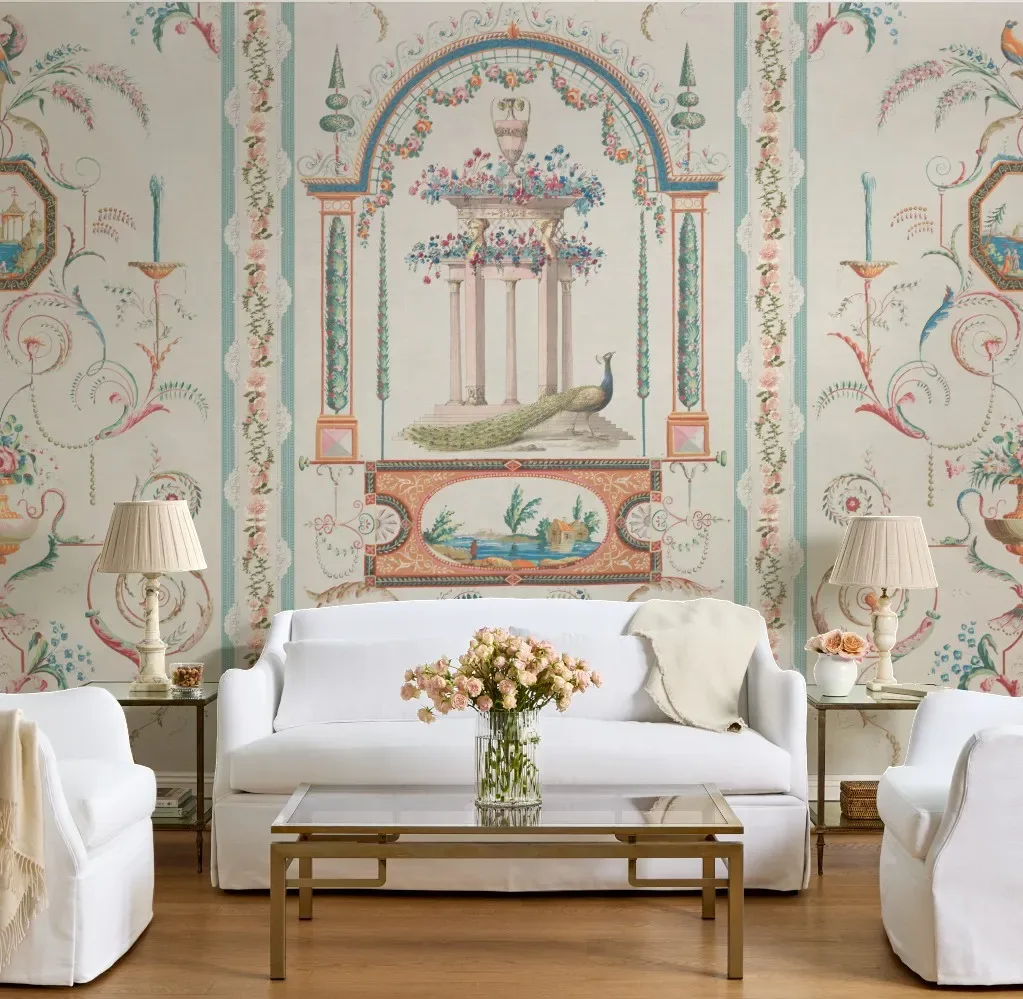 Living room featuring a panoramic wall mural inspired by hand-painted artwork.