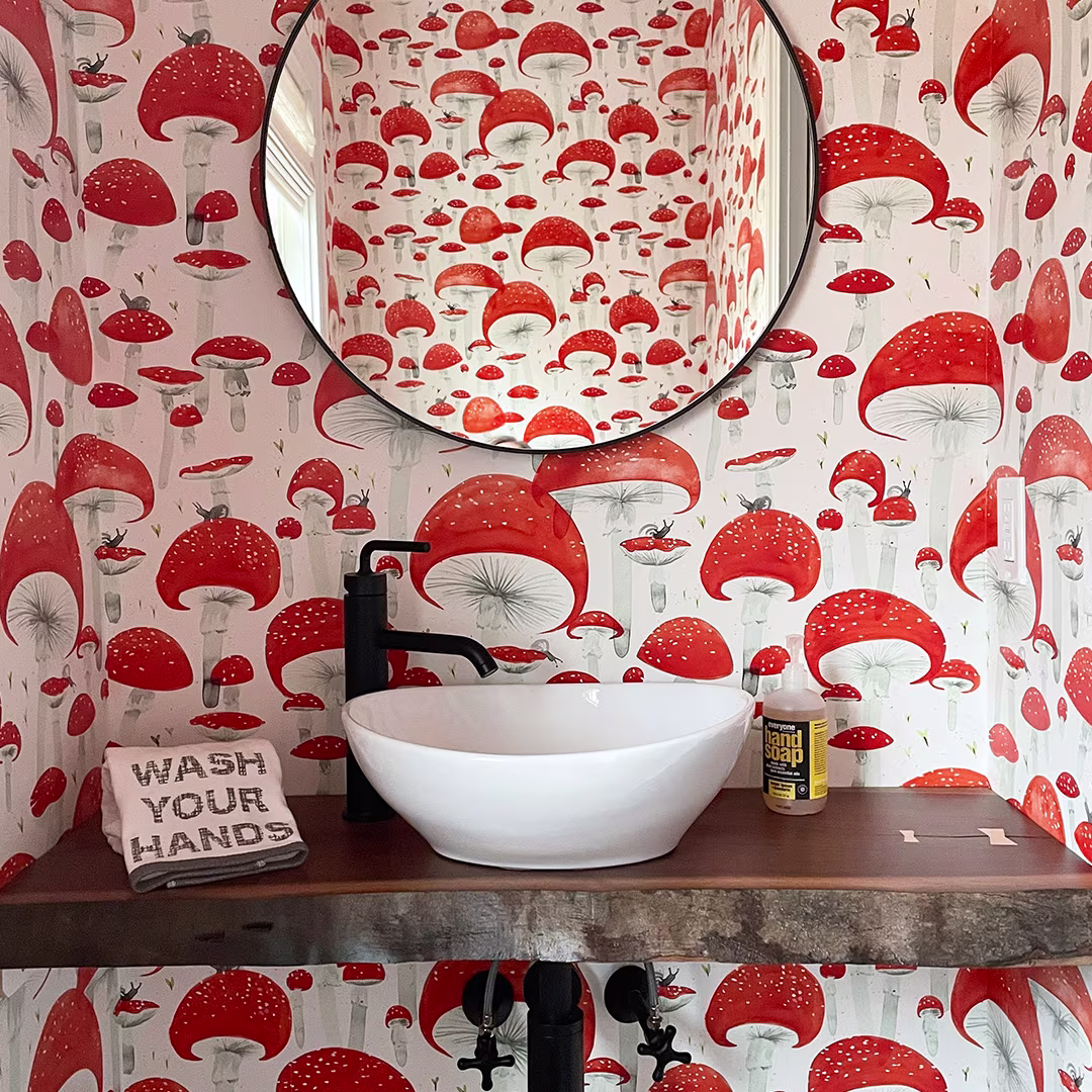 Bathroom with Mushroom Wallpaper