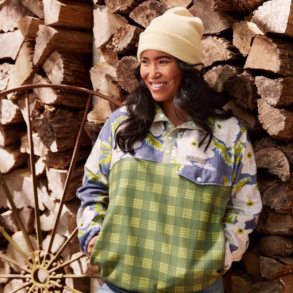 A model wearing a pullover made with Polartec fleece