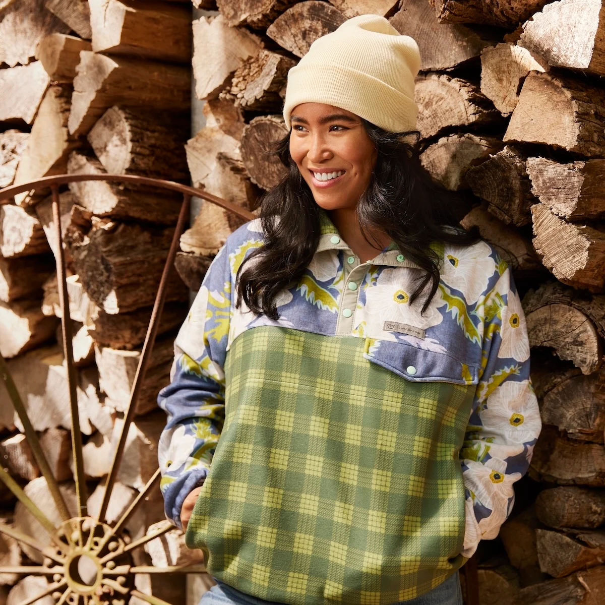 A model wearing a pullover made with Polartec fleece