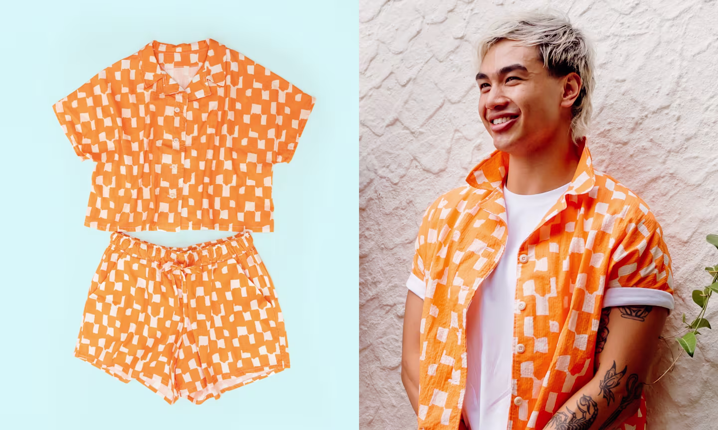 Man in orange check seersucker shorts and shirt