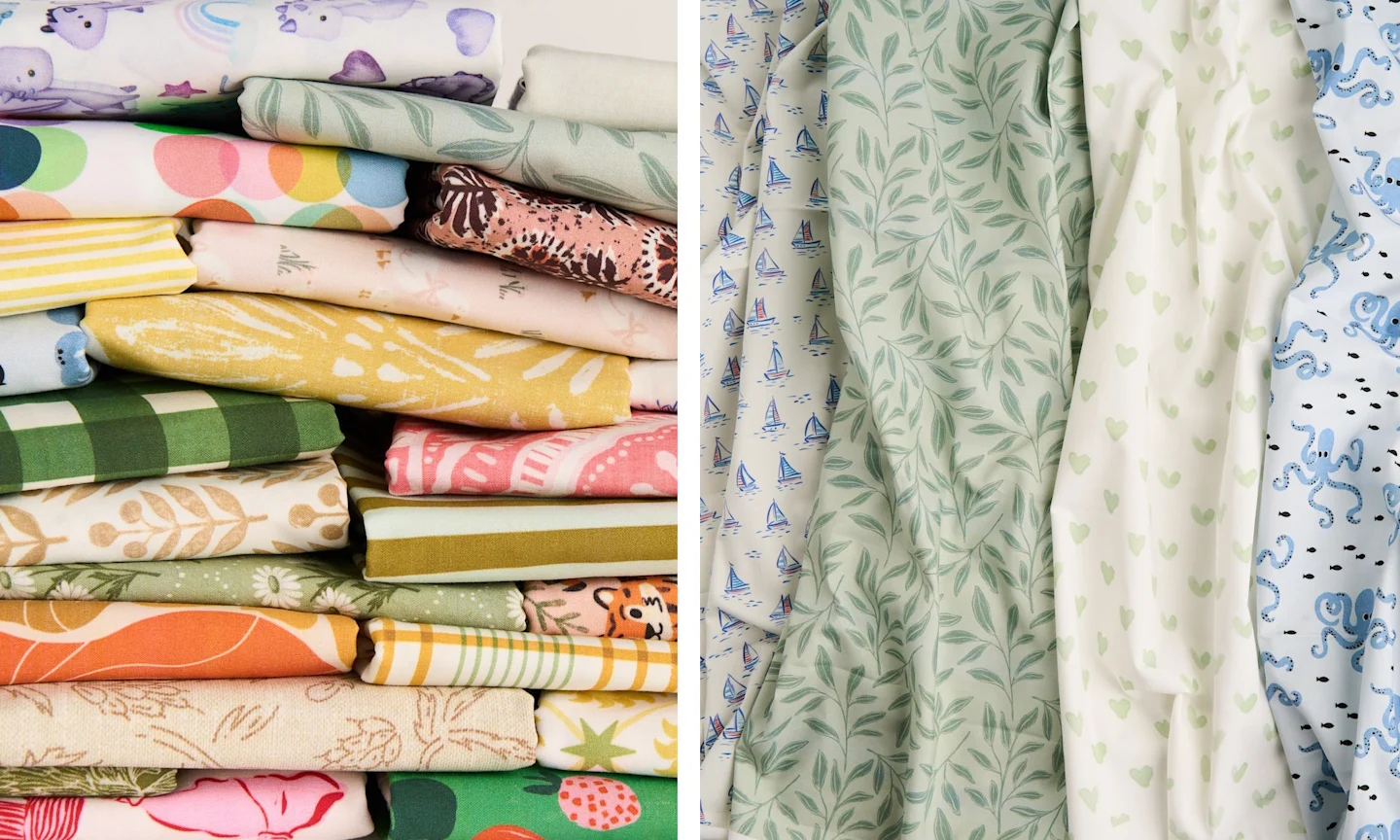 two images side by side. The left image includes fabrics stacked messily on one another. The right image includes 4 fabrics unfolded and artfully arranged.