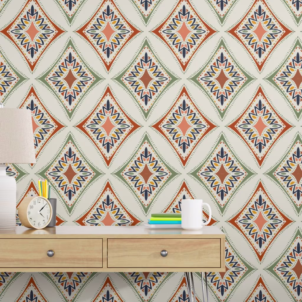 Desk with bohemian geometric wallpaper.