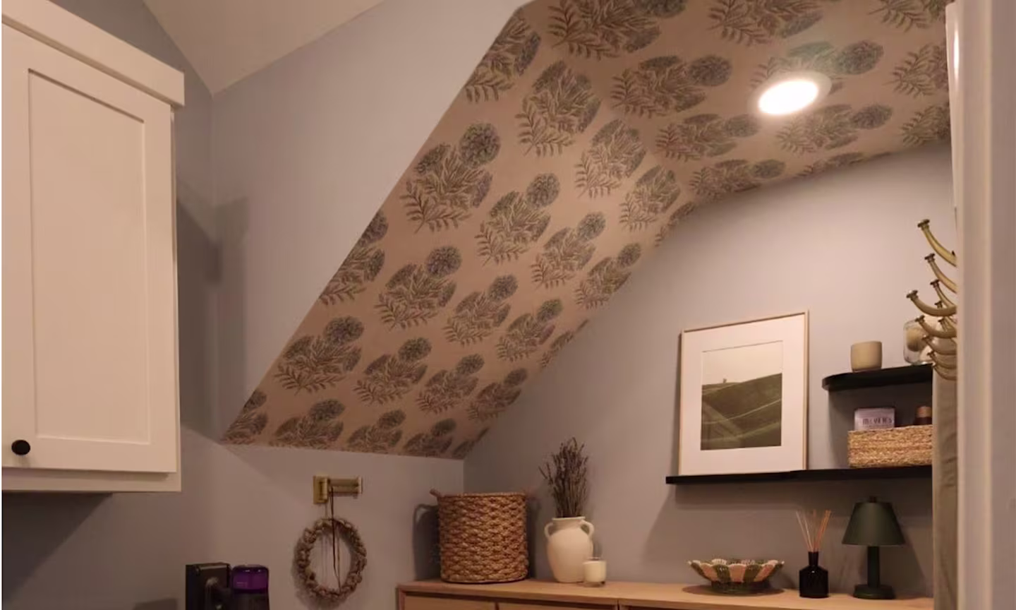 Laundry room with wallpaper in Marigold - extra large - dusty blue and sage green by byre_wilde.