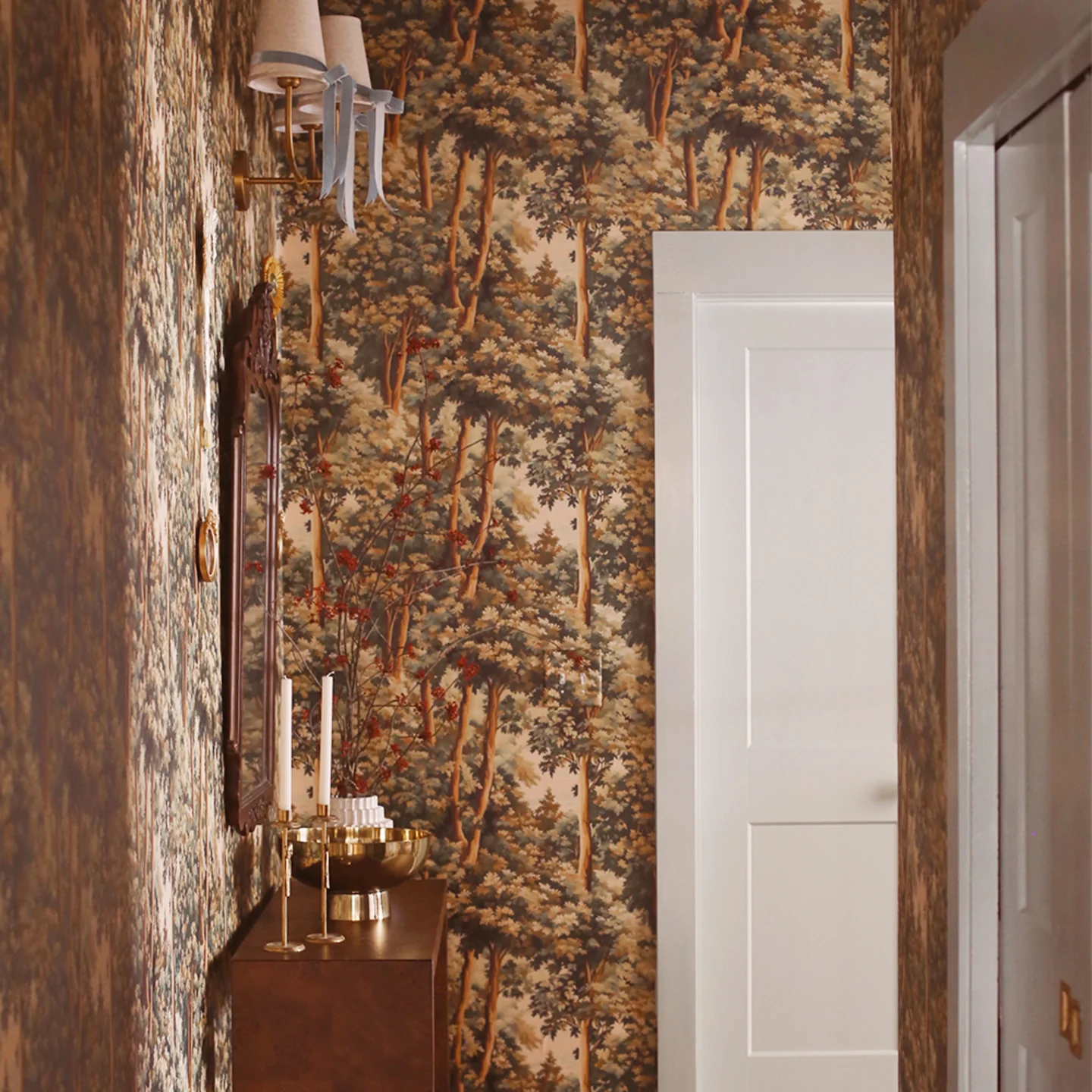 Hallway with tree peel and stick wallpaper.