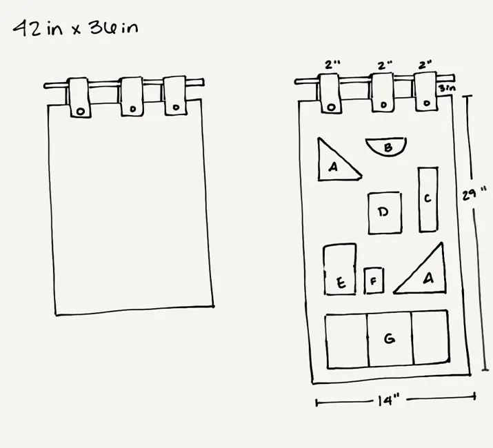A drawing of what the craft organizer will look like once finished. It is two long pieces of fabric sewn together featuring several small front pockets in which to place craft supplies. Smaller rectangular pieces of fabric act as tabs to allow the organiz