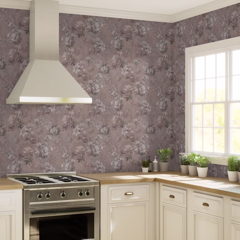Kitchen with wallpaper in Belle - Baroque Faded Roses & Flowers Elegant Rococo Boudoir - Dimmed pink