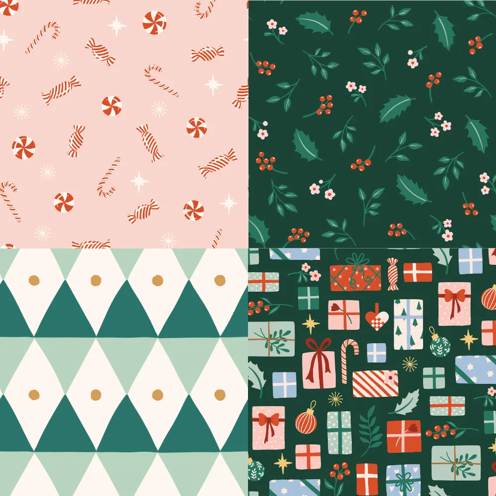 A grid of 4 Christmas designs from little_forest_atelier