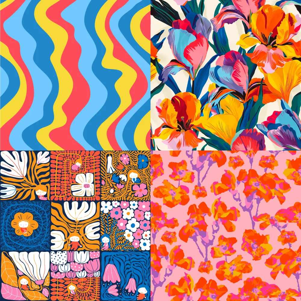 A grid of 4 saturated and bright designs from Spoonflower artists