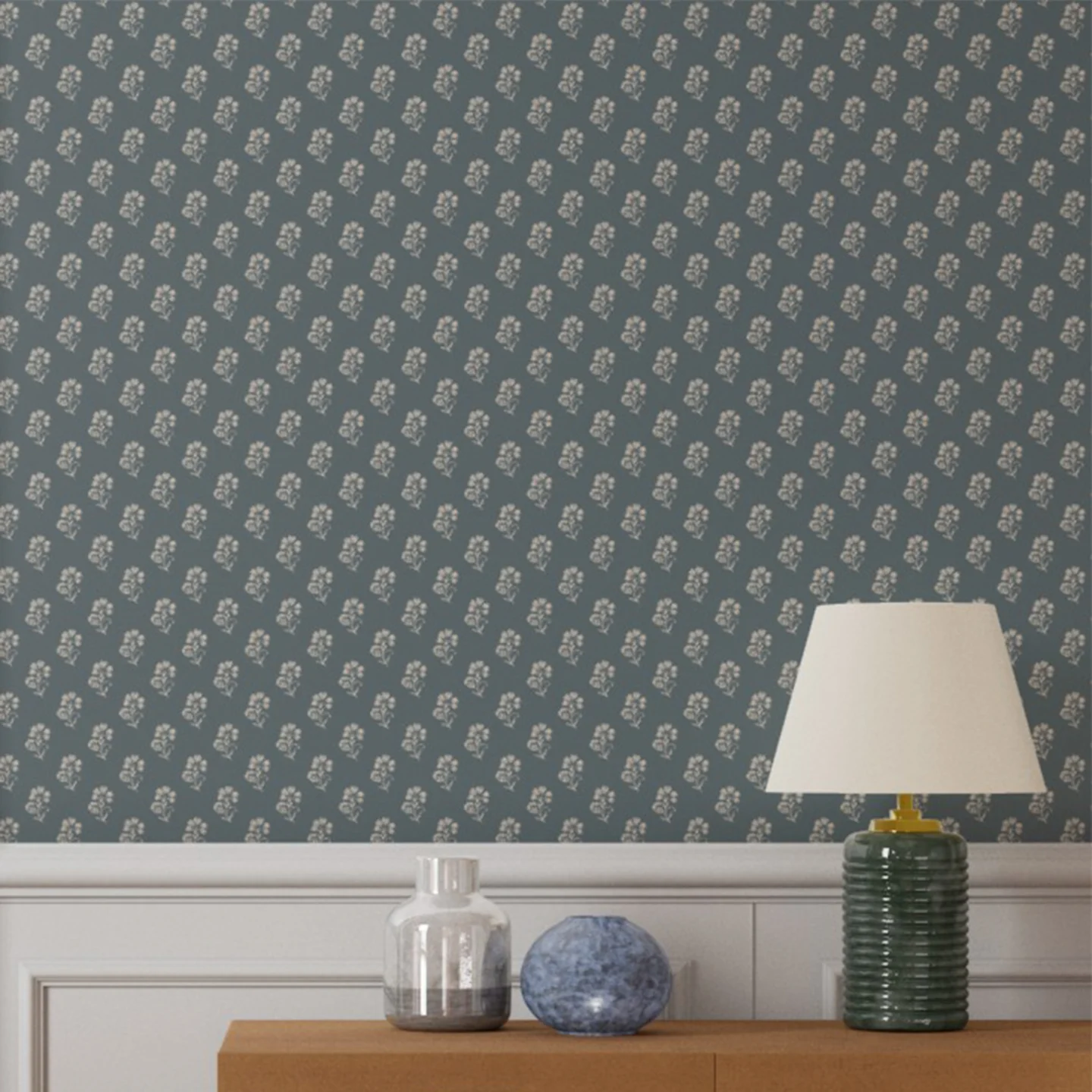 Wallpaper in Teal Blue & Cream Block Printed Floral Pattern