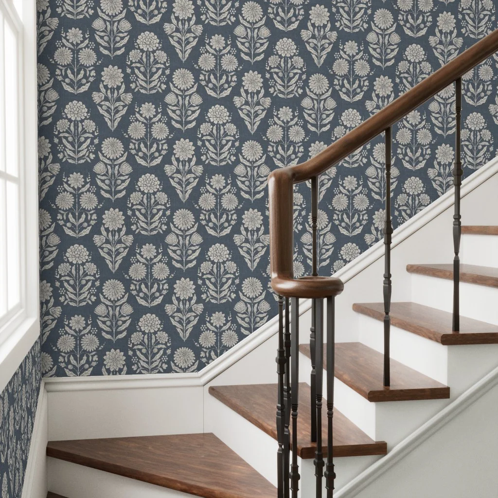 Wallpaper in Blue & Cream Block Printed Floral Pattern