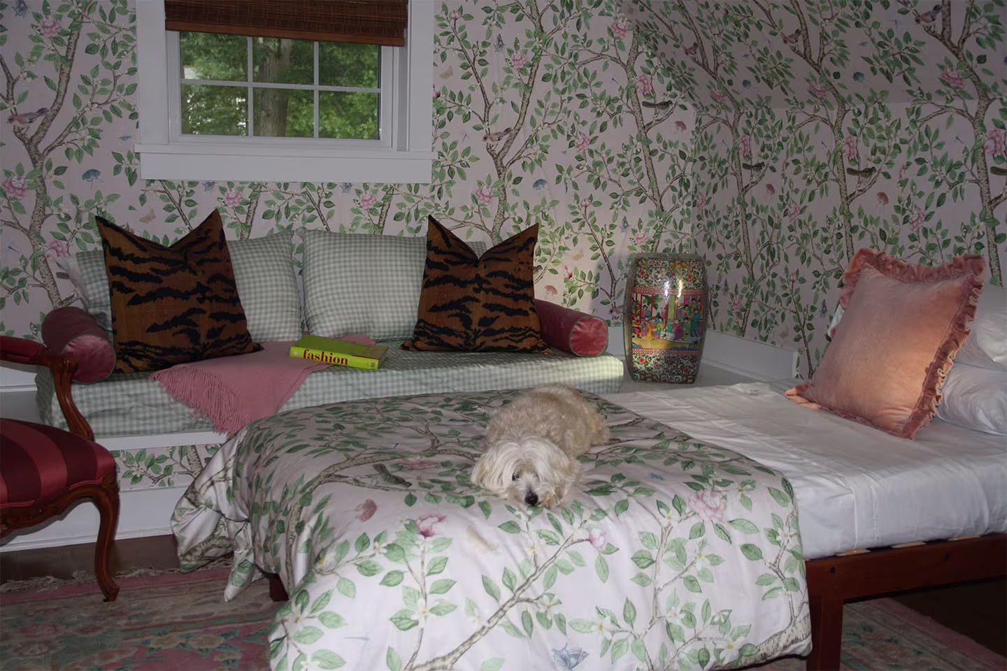One of Mary Grace Scully's finished bedrooms using Spoonflower wallpaper and matching bedding for a pattern drenched look.