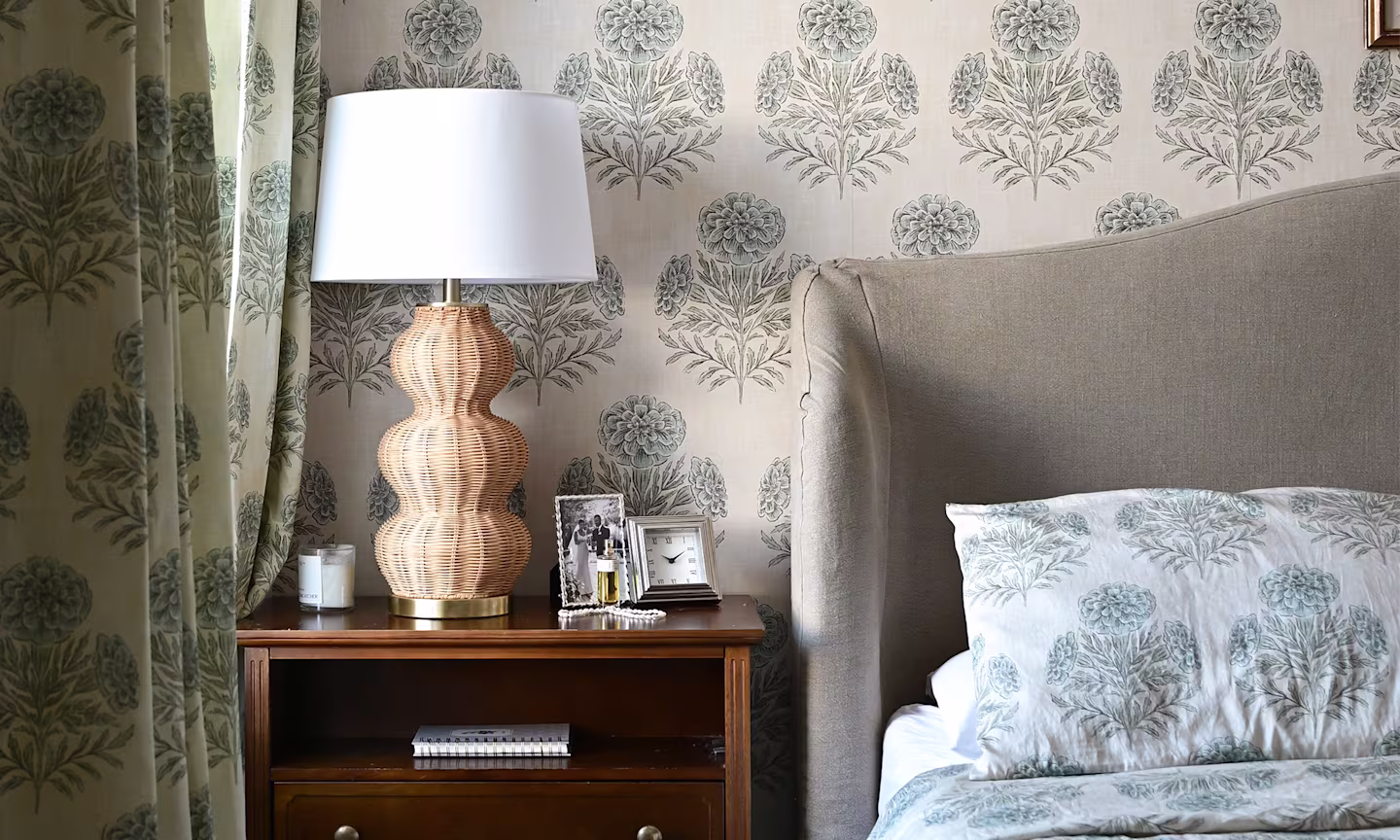 Bedroom with wallpaper, curtains and bedding in Marigold - extra large - dusty blue and sage green by byre_wilde.
