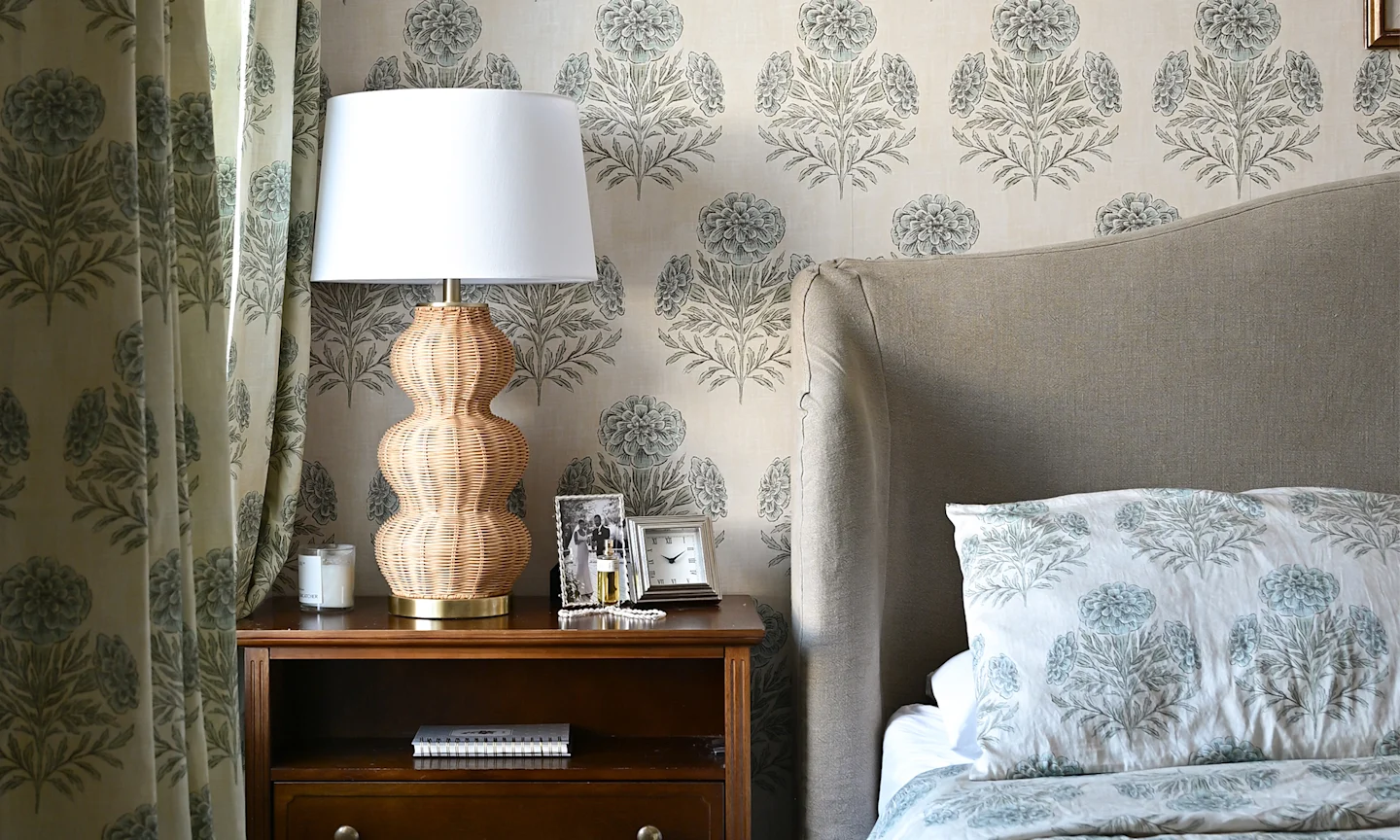 Bedroom with wallpaper, curtains and bedding in Marigold - extra large - dusty blue and sage green by byre_wilde.