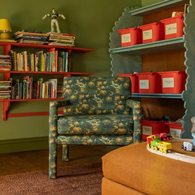 Green floral chair in Belgian Linen by Claire Brody