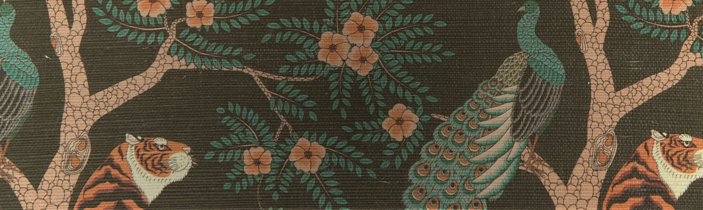 Grasscloth wallpaper featuring tiger and peacock design