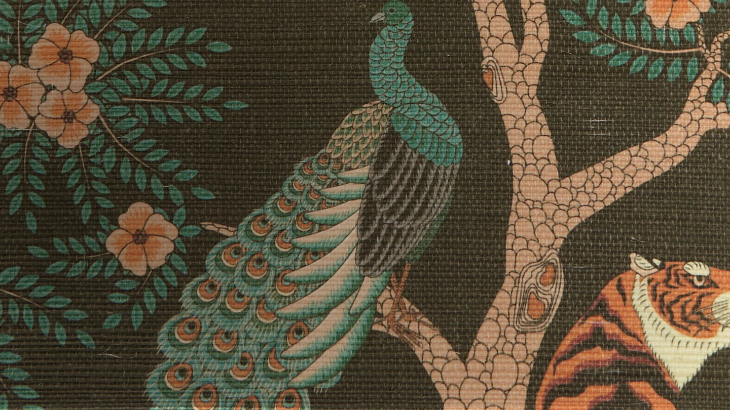Grasscloth wallpaper featuring tiger and peacock design