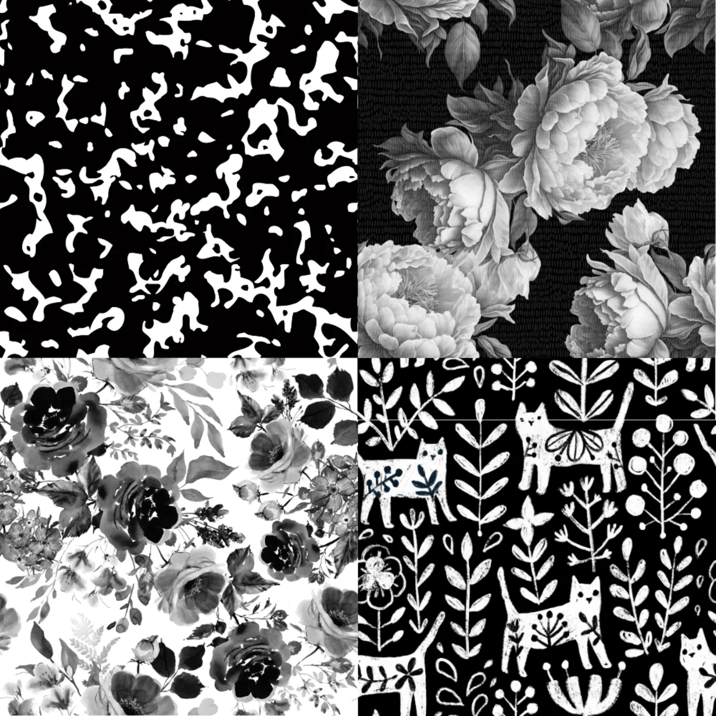 A grid of 4 black and white designs from a selection of Spoonflower artists