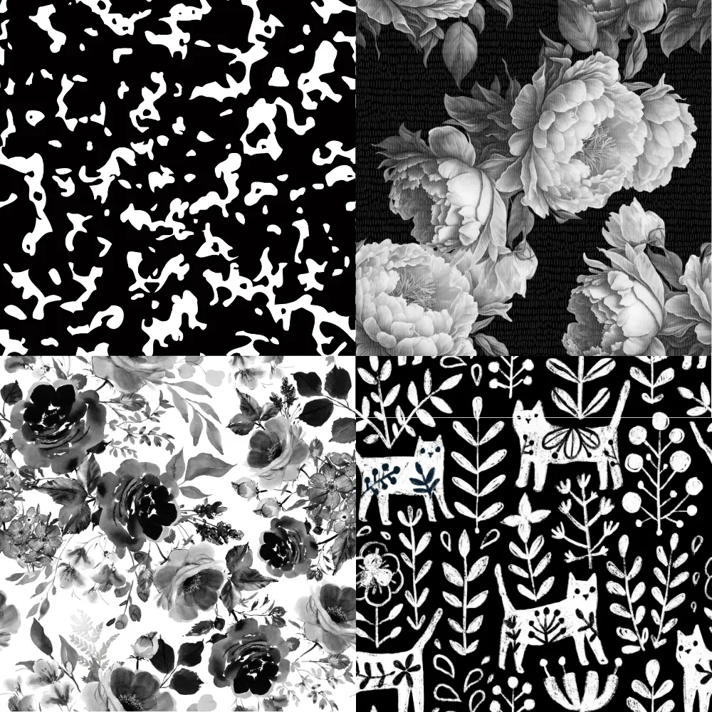 A grid of 4 black and white designs from a selection of Spoonflower artists