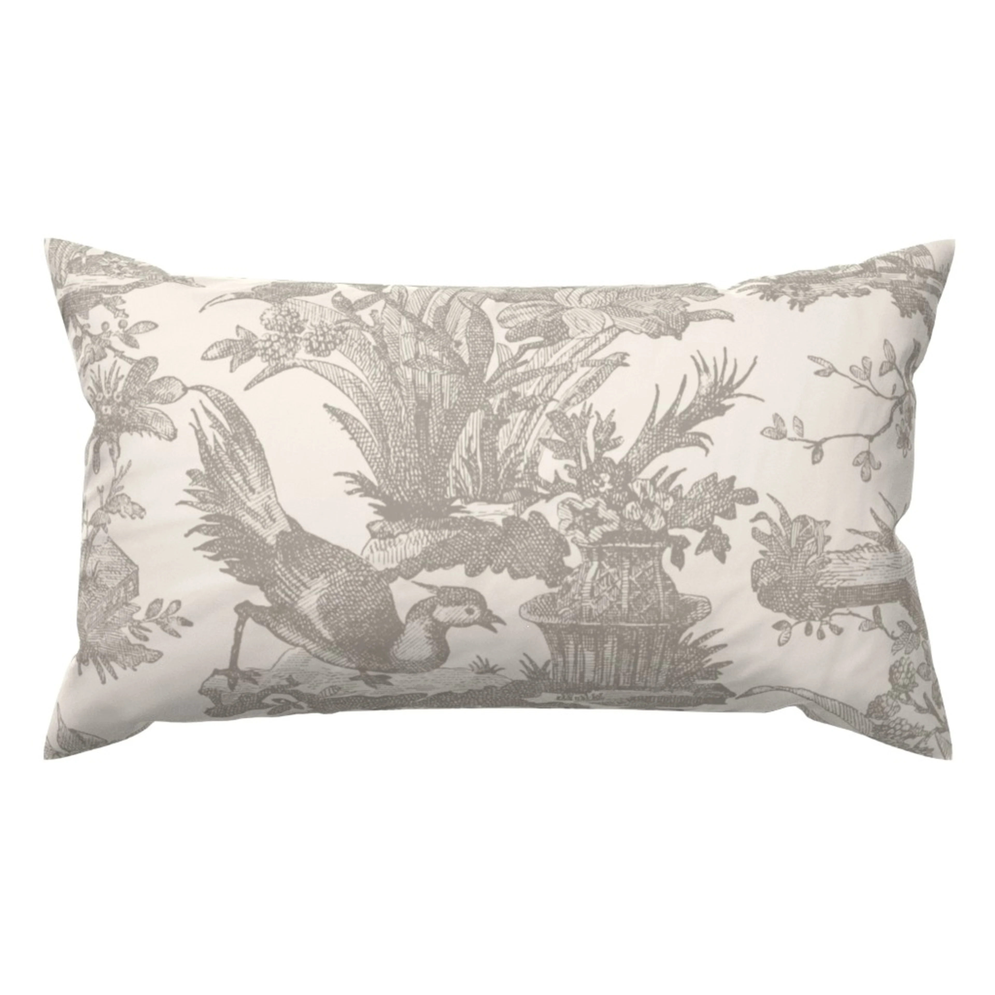 A neutral rococo floral with birds on a Spoonflower lumbar throw pillow