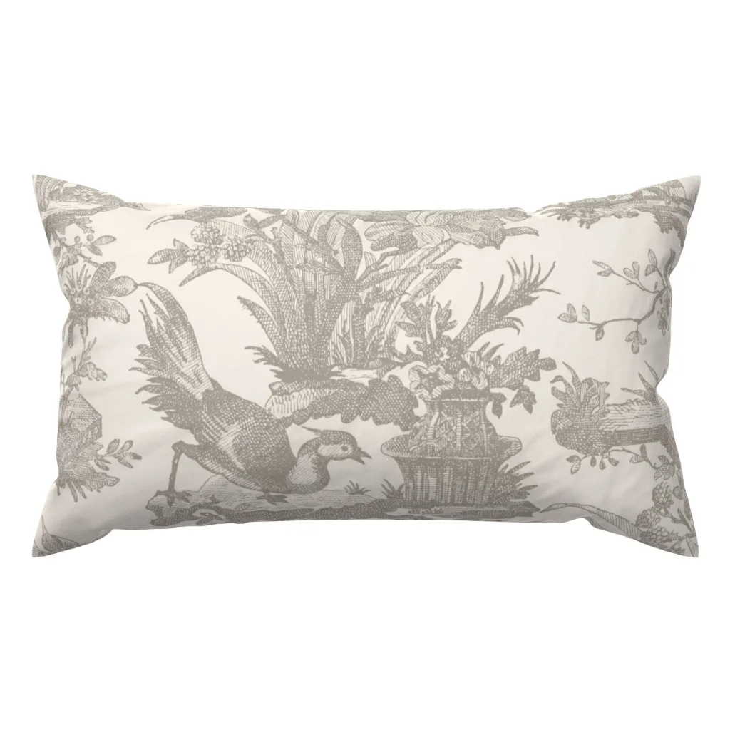 A neutral rococo floral with birds on a Spoonflower lumbar throw pillow